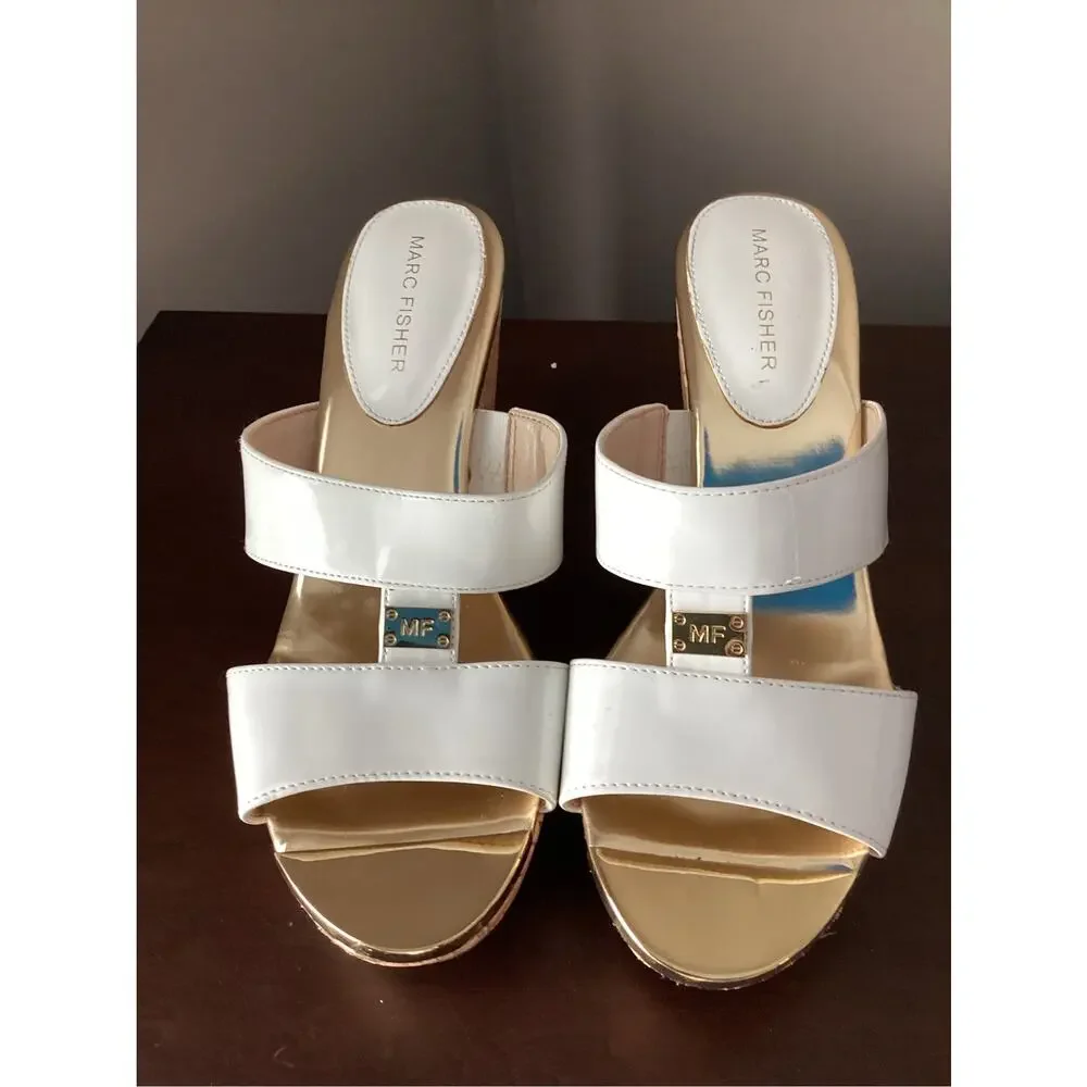 Marc Fisher Women's wedges sandals white straps gold tones cork platform heel 7
